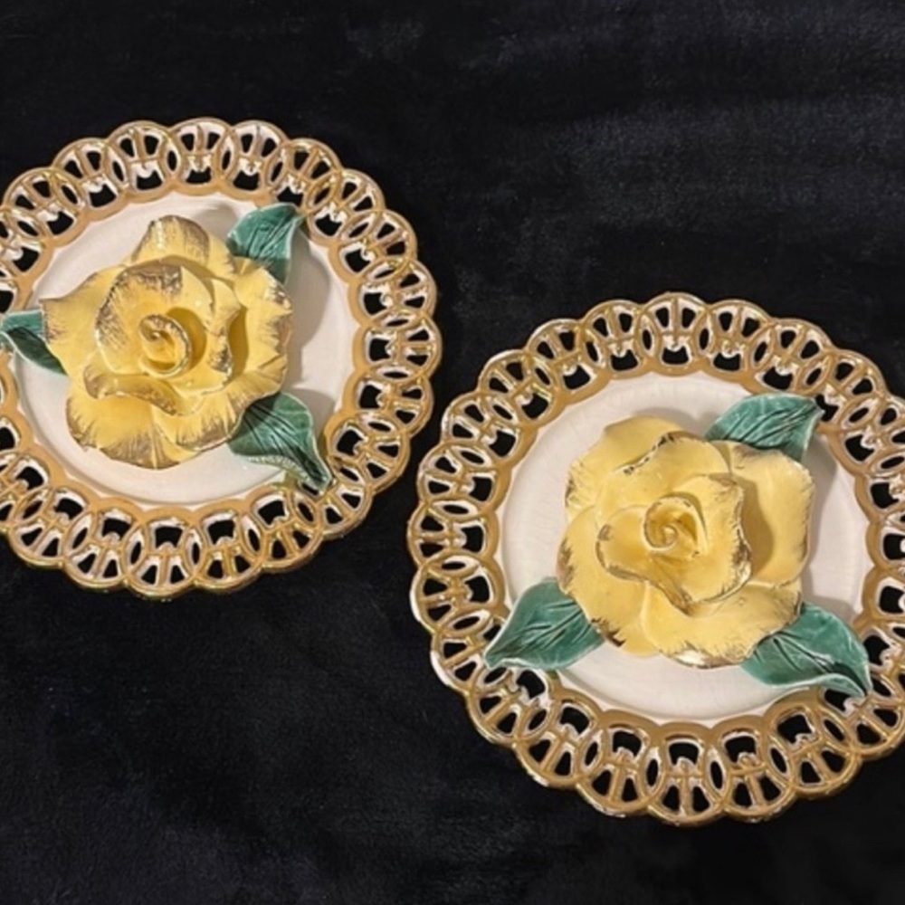 Vintage 1960’s Applied Yellow Rose Decorative Plates